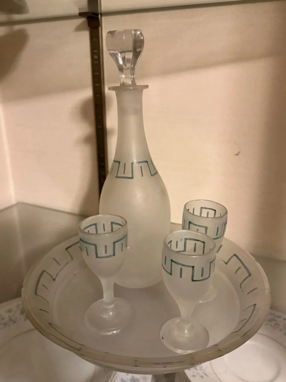 Vintage Frosted Glass Decanter Set Greek Key Tray & 3 Cordial Glasses MCM